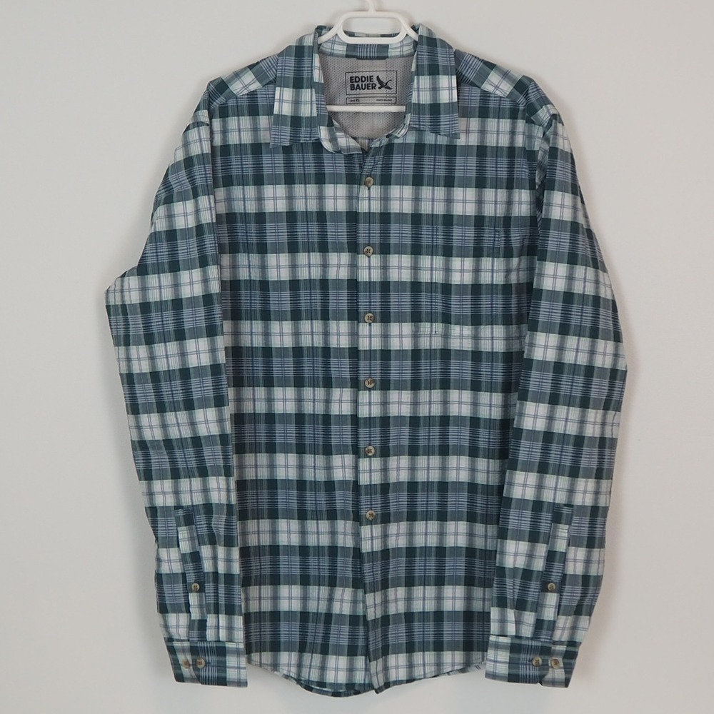 Eddie Bauer Long Sleeve Pack It 2.0 Seersucker Shirt Sz Large‎ Tall Alpine Green